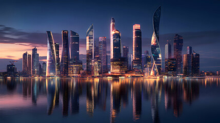 Fototapeta premium Stunning City Skyline at Dusk with Reflections on Water Surface