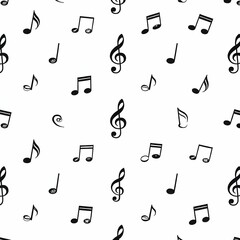 Seamless minimalist pattern of black music notes and symbols like treble clef, quarter note, eighth note, isolated on white background, clean line art, monochrome vector design
