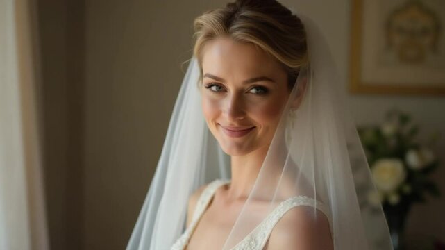 Beautiful and lovely bride in night gown and veil. Wedding morning. Slow motion