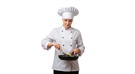 Female chef cooking food in pan isolated on transparent background