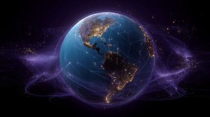 Obraz premium Abstract wireframe earth in digital space with glowing connections and network patterns for futuristic design concepts