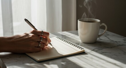 Female hand writing shopping list with coffee cup in cozy sunlight atmosphere