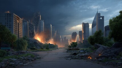 Obraz premium Apocalyptic urban battlefield with burning ruins in a devastated metropolis for post-apocalyptic design