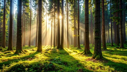 Serene Sunlight Filtering Through Tall Forest Trees in Lush Green Woodland Area with Soft Shadows on Ground