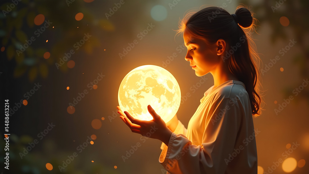 Poster creative figure grasps large glowing orb soft warm light spills around illuminating surrounding spac