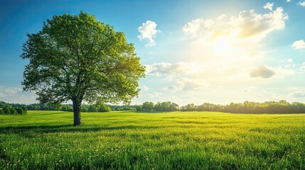 A single tree stands in a vibrant green field under a bright blue sky with scattered white clouds