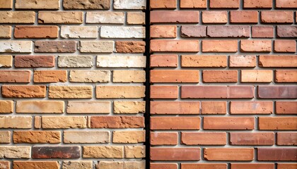 Fototapeta premium Contrast between modern red brick wall and rustic beige brick wall