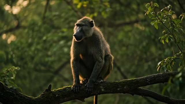 AI-generated image of a Chacma baboon in the African jungle, perched alertly among dense foliage