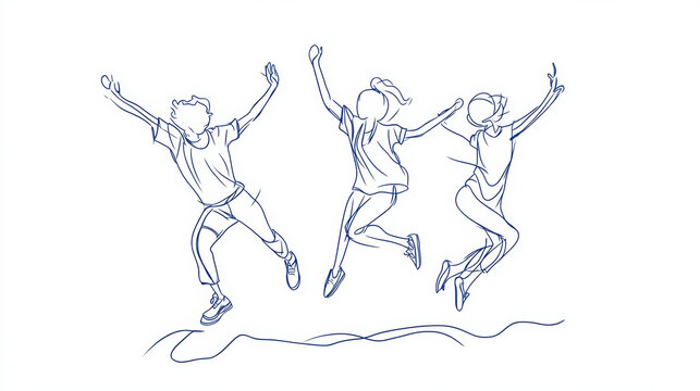 A continuous line drawing of three office colleagues joyfully leaping, symbolizing workplace unity and celebration