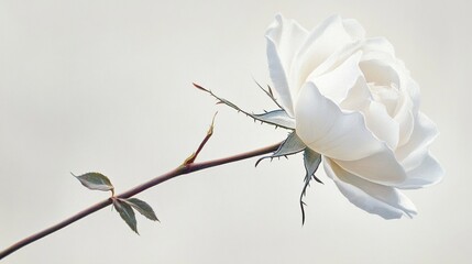 Close-up of a single, elegant white rose, showcasing delicate petals and stem against a soft, light background