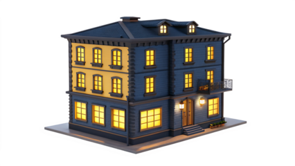 model of apartment dark blue and warm yellow color on white background PNG. AI GENERATED