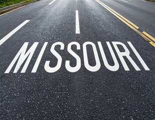 Missouri road marking on asphalt highway surface with yellow lines