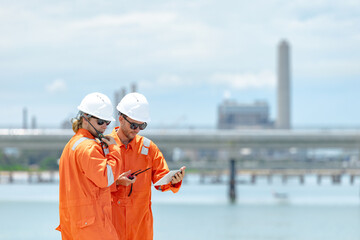 Petroleum workers, shoreline inspection, Onshore Gas Site surveyor team, Oil Petrochemical industry