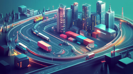 A futuristic vector illustration of 3PL services using low-poly design to depict cargo logistics and global delivery routes