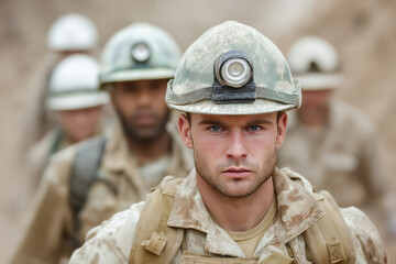 Fototapeta premium Group of determined rescue workers in helmets and tactical gear, navigating through challenging terrain, showcasing teamwork and resilience in a natural disaster response effort
