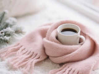 winter still life, hot cup of coffee, pink wool scarf, warm and inviting