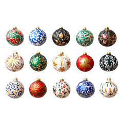 Decorative Christmas ornaments featuring intricate patterns in various festive colors and designs.
