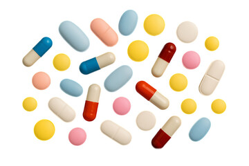 Colorful capsules and tablets scattered on a white background. Ideal for medical, pharmaceutical, healthcare, and wellness-related content, transparent, clipping path