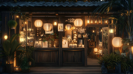 Obraz premium Cozy Night Market Stall Decorated with Lanterns and Plants