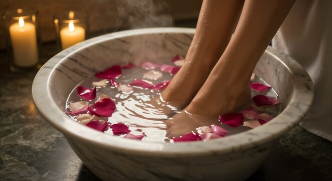 Woman enjoying hot foot bath with rose petals in relaxing spa atmosphere - Powered by Adobe