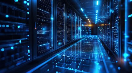 A server room with rows of data servers and blue lights reflecting on the floor and the ceiling