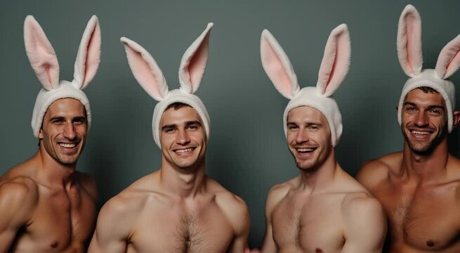 A group of shirtless men wearing rabbit or bunny masks posing together. The scene conveys themes of LGBTQ identity, queer expression, and alternative sexuality through an artistic lens.