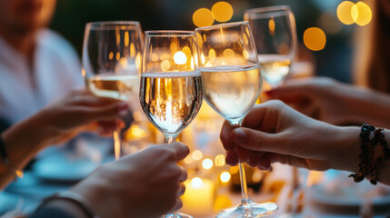 A lively evening charity event with professionals enjoying fine dining, drinks, and conversation around a table