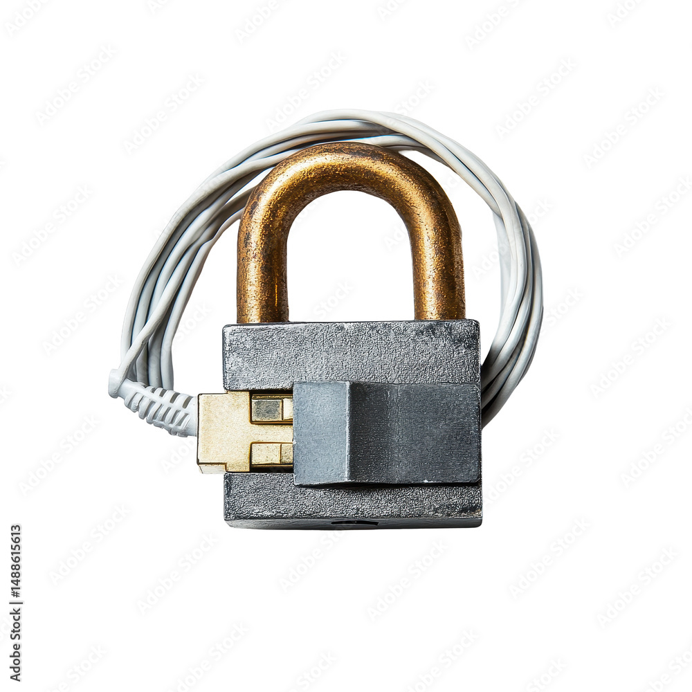 Poster padlock connected to ethernet cable on transparent background illustrating security and connectivity