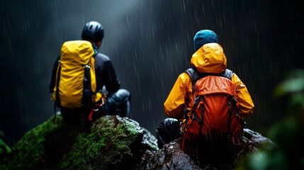 Fototapeta premium Two people are sitting on a rock in the rain, wearing backpacks
