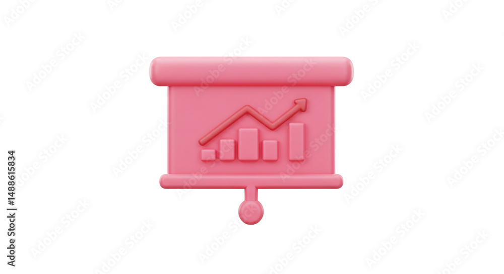 Poster a pink presentation board displaying an upward trending line graph and bar graph on a white backgrou