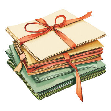 A stack of colorful papers tied together with a red ribbon.