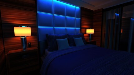 A modern bedroom with a large bed, blue headboard, and warm lighting.