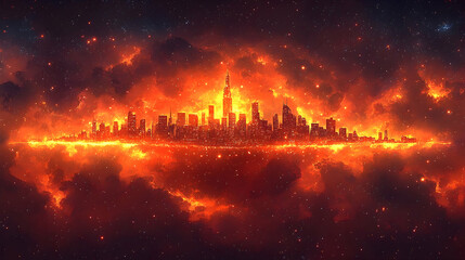 Naklejka premium Fiery cityscape. Intense orange glow engulfs a city skyline, reflected in nebulous clouds above and below