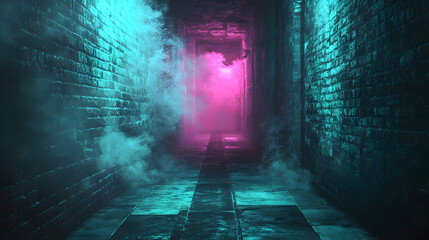 Obraz premium Mysterious Alleyway with Neon Lights and Fog Effects at Night