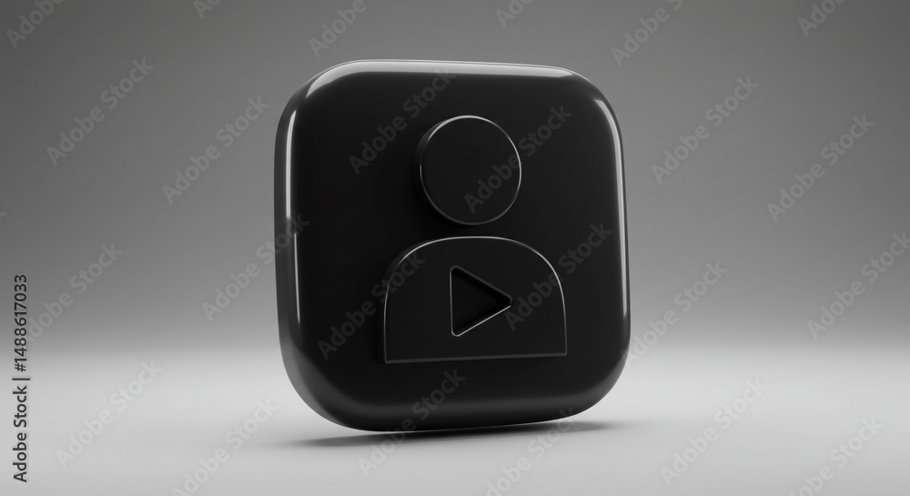 Poster a glossy black user icon with a play button inside on a gray background in a studio setting