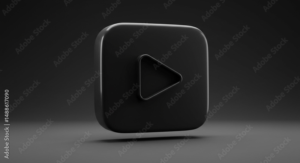 Poster a glossy black play button icon with rounded corners on a dark gray gradient background surface