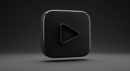 A glossy black play button icon with rounded corners on a dark gray gradient background surface