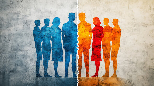 A visual metaphor for division within a group, showing people split into two factions representing conflict or merger scenarios
