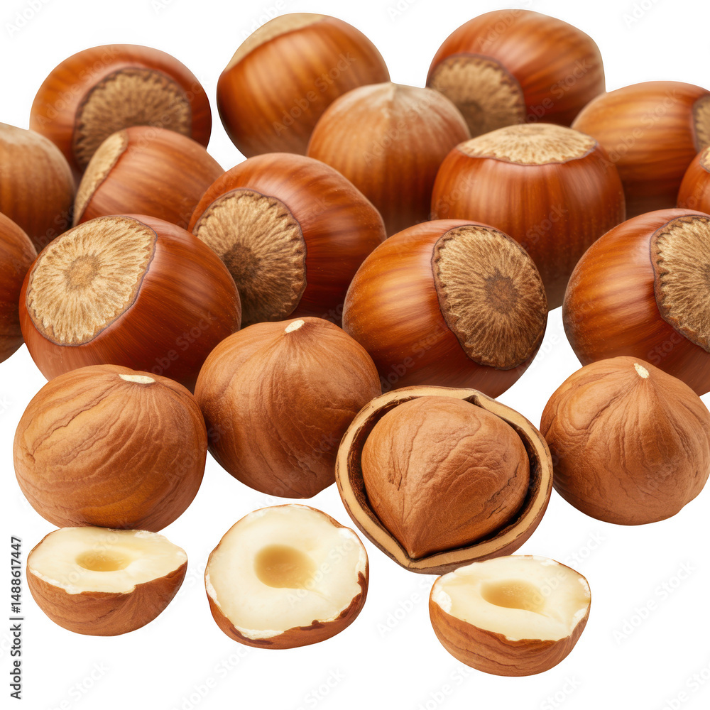 Poster pile of hazelnuts isolated on transparent background