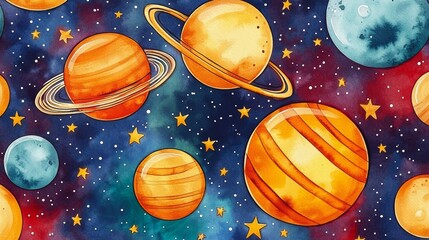 A vibrant cosmic scene filled with artistic planets, stars, and a galactic backdrop.