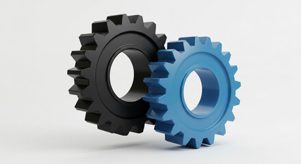 A close up of a black and blue gear meshing together on a white background in a studio shot