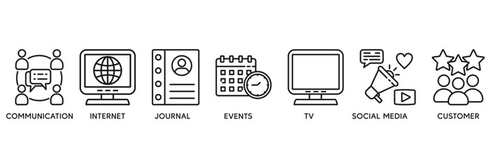 Public relations icon set vector illustration concept relate to communication, internet, journal, events, radio, tv, social media, and customer