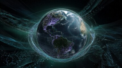Obraz premium Futuristic earth with digital core and crystalline continent for technology concept