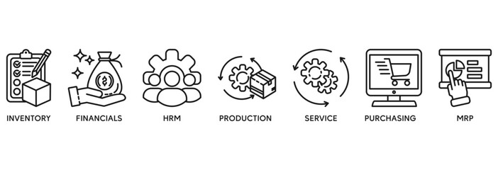 ERP icon set vector illustration concept relate to enterprise resource planning with icon of inventory, financials, hrm, production, service, purchasing, and mrp