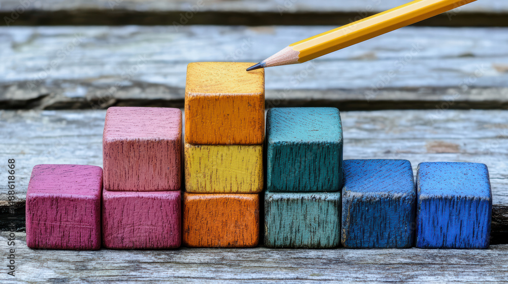 Poster colored blocks and pencil: a vibrant visual representation of growth and data analysis, where a wood