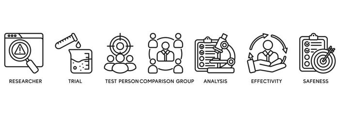 Clinical study icon set vector illustration concept relate to clinical trial research with an icon of researcher, trial, test person, comparison group, analysis, effectivity, and safeness