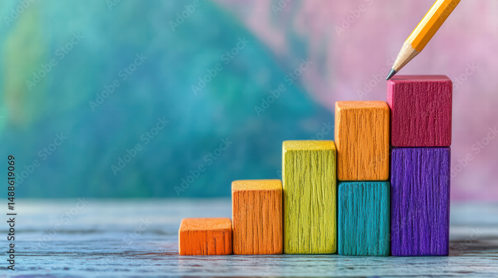 Aufkleber building blocks of progress: a pencil delicately guides a stack of colorful blocks, symbolizing grow