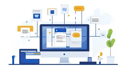 Illustration of desktop computer with documents and laptop showcasing data management system