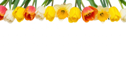 Row of colorful tulips and daffodils isolated on transparent background