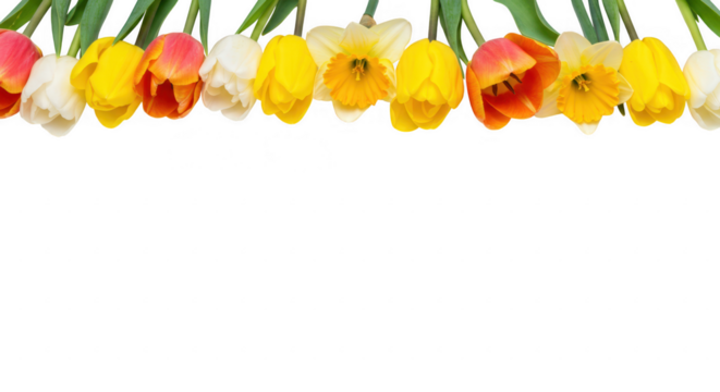 Row of colorful tulips and daffodils isolated on transparent background - Powered by Adobe